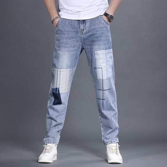 Men's patch patch stitched jeans spring and autumn 2022 new small leg pants trendy brand hip hop casual and versatile pants