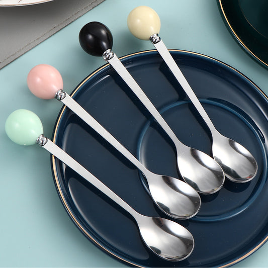 macaron colorful bead handle spoon creative stainless steel fruit fork color glazed stainless steel plastic handle spoon ins