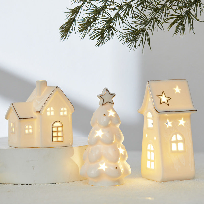 Christmas Ceramic Luminous Christmas Tree Cottage Tabletop Home Ceramic Ornaments Scene Arrangement Props Christmas Gifts