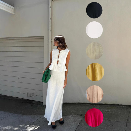 6-color full yard spot European and American cross-border explosive breathable cotton and linen pressed pleated sleeveless strappy blouse high street long skirt