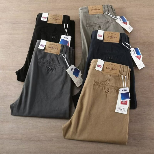 Thick heavy casual trousers men's spring and autumn cotton slim small straight pants American stiff wash men's pants tide