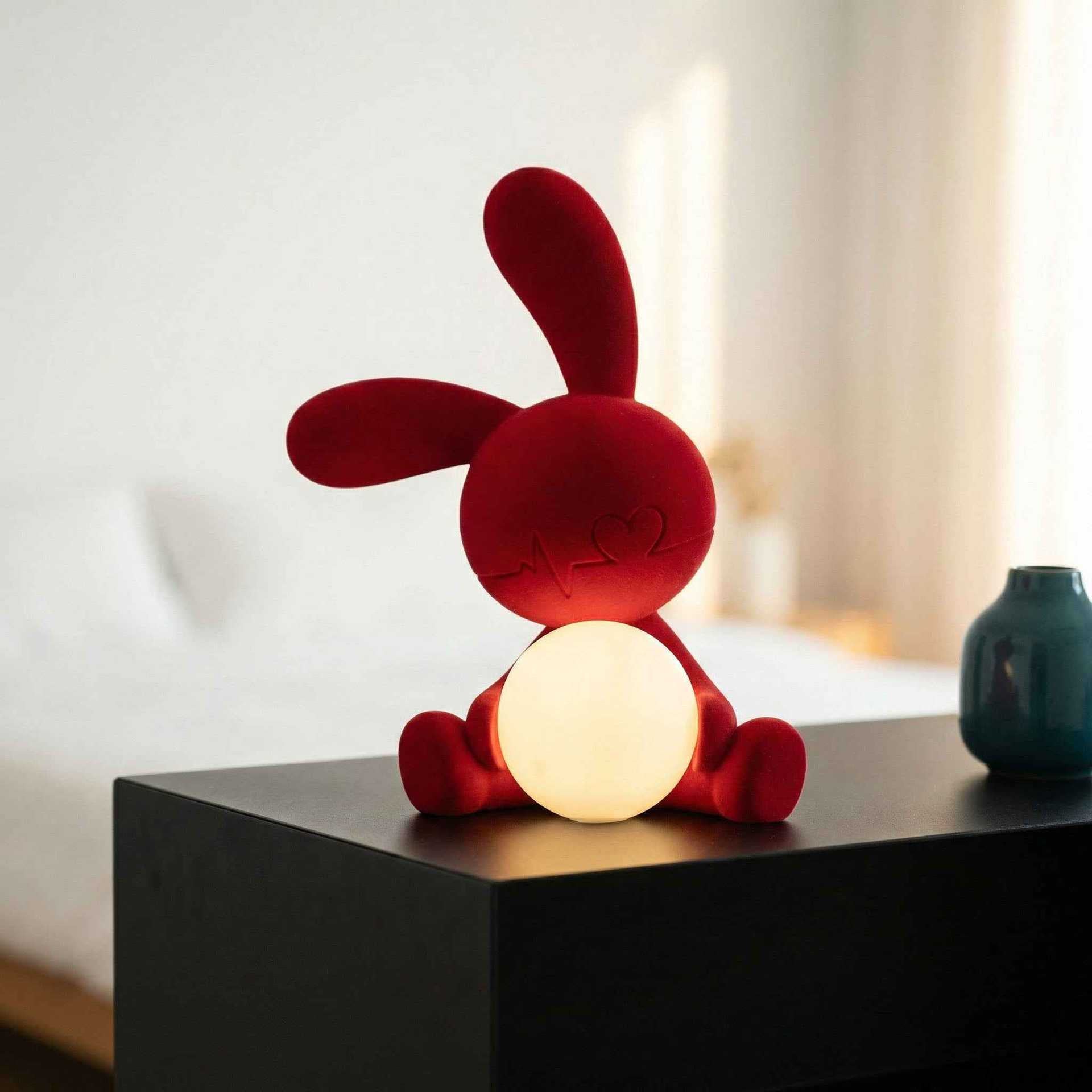 Red flocked cute rabbit night light resin desktop ornament bedroom decoration creative animal shape