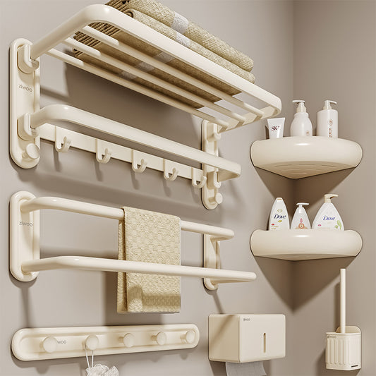 Creamy round bath towel holder, non-perforated bathroom set, wall-mounted towel rack, toilet bathroom storage rack