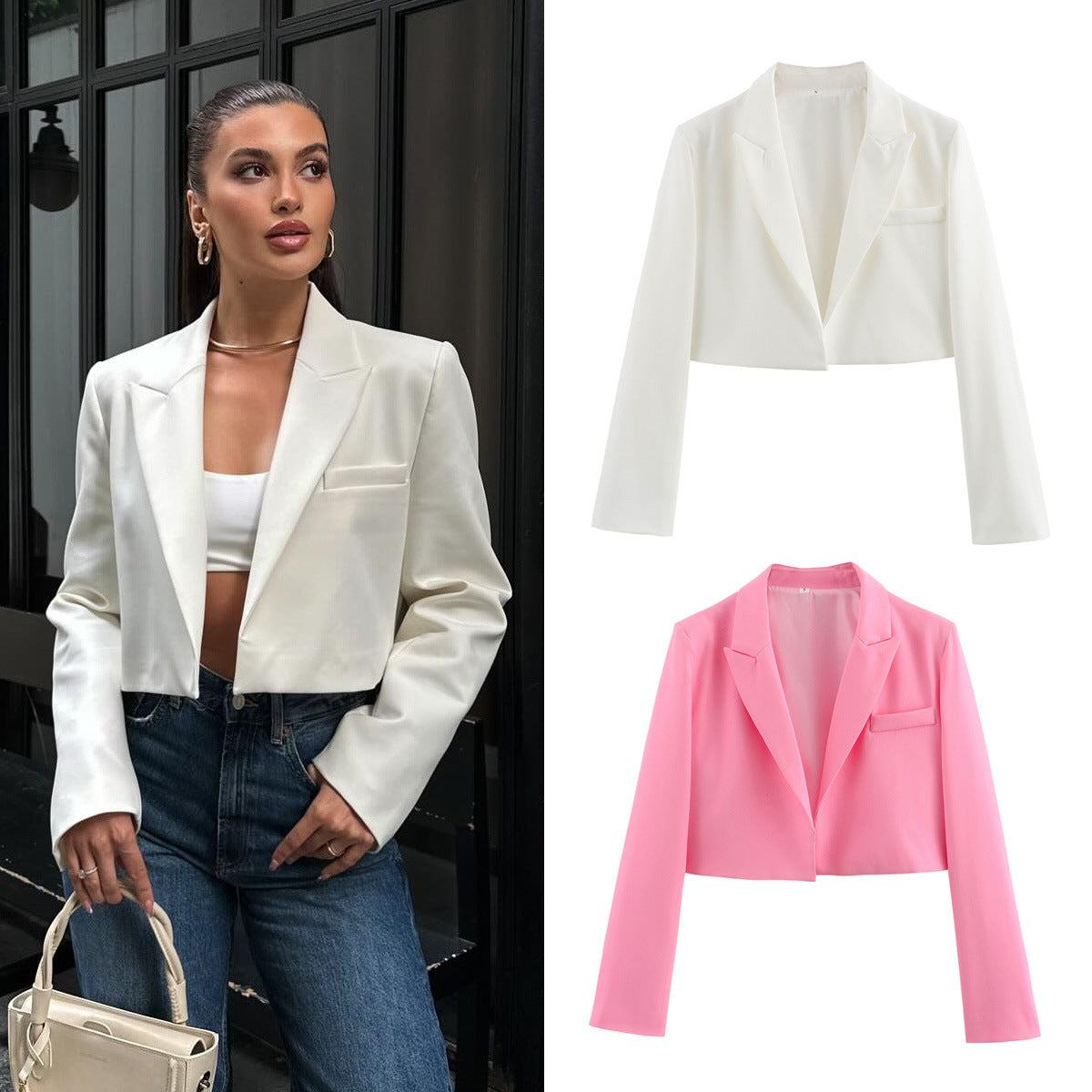 Europe and the United States Cross-border Wholesale 2024 Autumn Women's Lapel Temperament Buckle Short Slim Blazer A14058