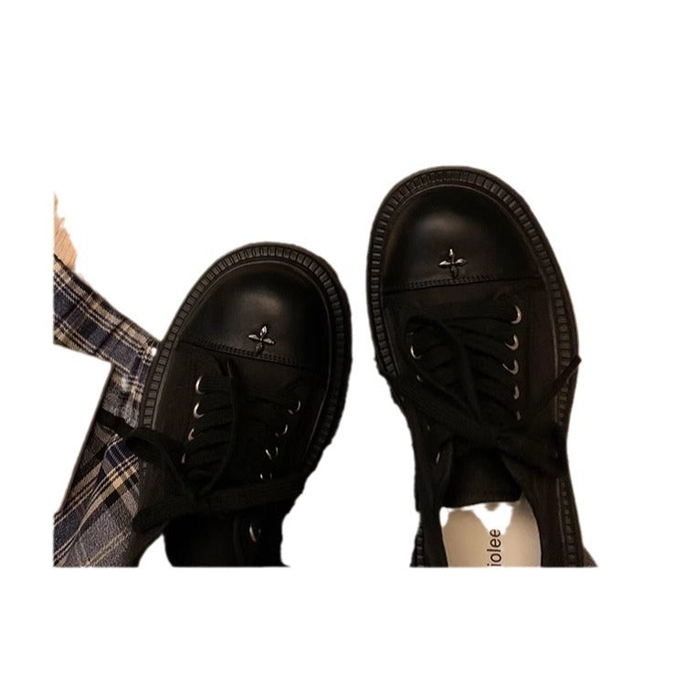 Grape mom has the same style as the big round toe 7cm thick sole heightening lace-up round toe white shoes casual canvas shoes for women autumn and winter