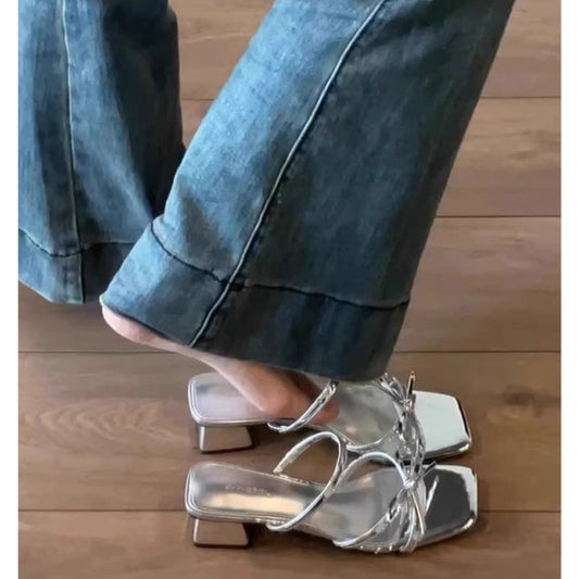 High Heels Women's Wear Summer 2025 New Versatile Niche French Fashion Bow Block Heel Slippers Women's Sandals