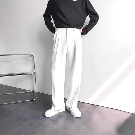 American-style white trousers, men's high-end sense of loose straight-leg mopping trousers, casual and versatile, suit pants, suit pants, trendy