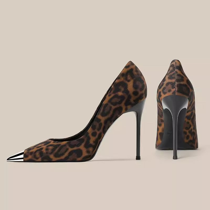 2025 New Niche Design Metallic Iron Toe Leopard Print Pointed Toe High Heels Pumps 10cm Stiletto Single Shoes Women