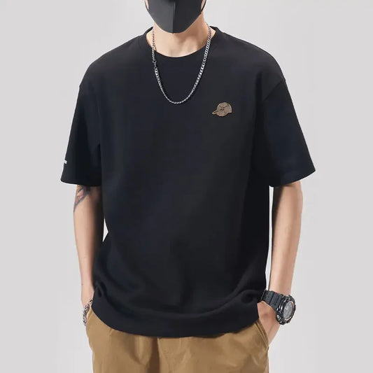 Heavy embroidery piqué cotton t-shirt men's spring summer new trend dropped shoulder short sleeve crew neck loose large size half sleeve shirt Jane