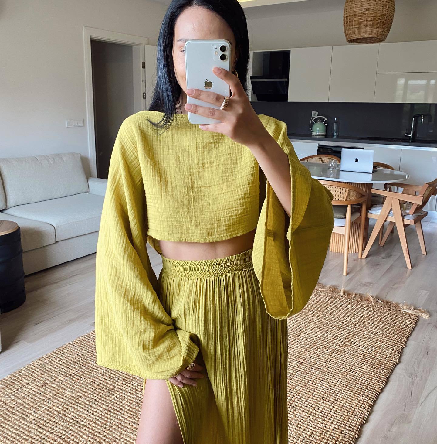 2024 casual vacation linen-blend crop top, high-waisted chic slit, cotton and linen casual two-piece set