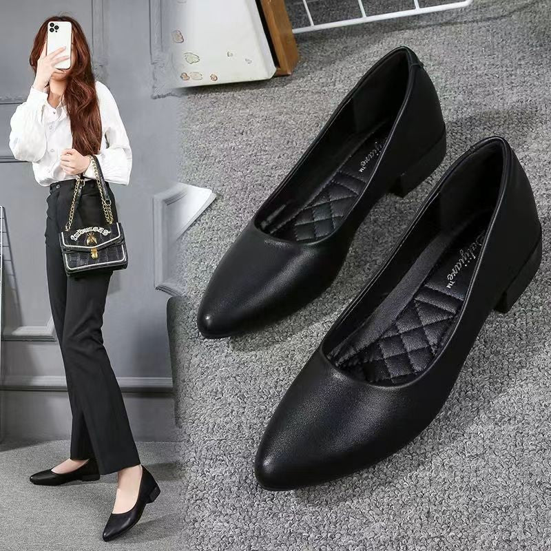 Leather pointed-toe block heel flat single shoes professional women's shoes black work shoes soft soles bank hotel office shoes new style