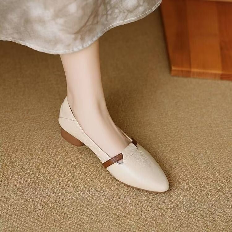 Single shoe women's new fall 2024 comfortable and versatile thick heel soft leather soft sole is not tiring to the feet, and the pointed low-heeled shoes are not tiring