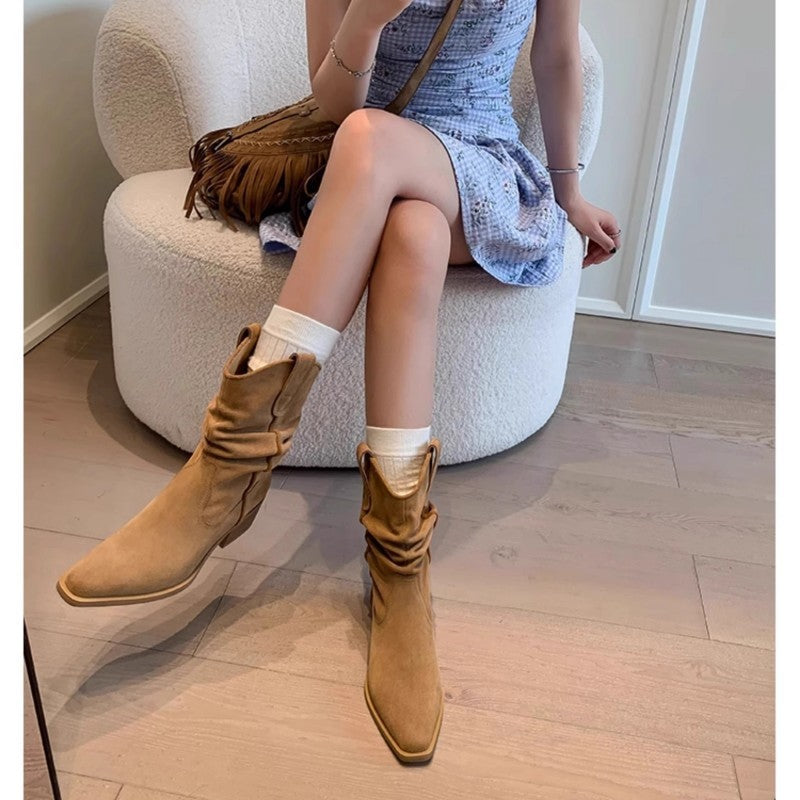 Boots women's mid-cut rider boots 2024 new martin shoes women's pointed toe block heel heeled boots look thin pile pile boots