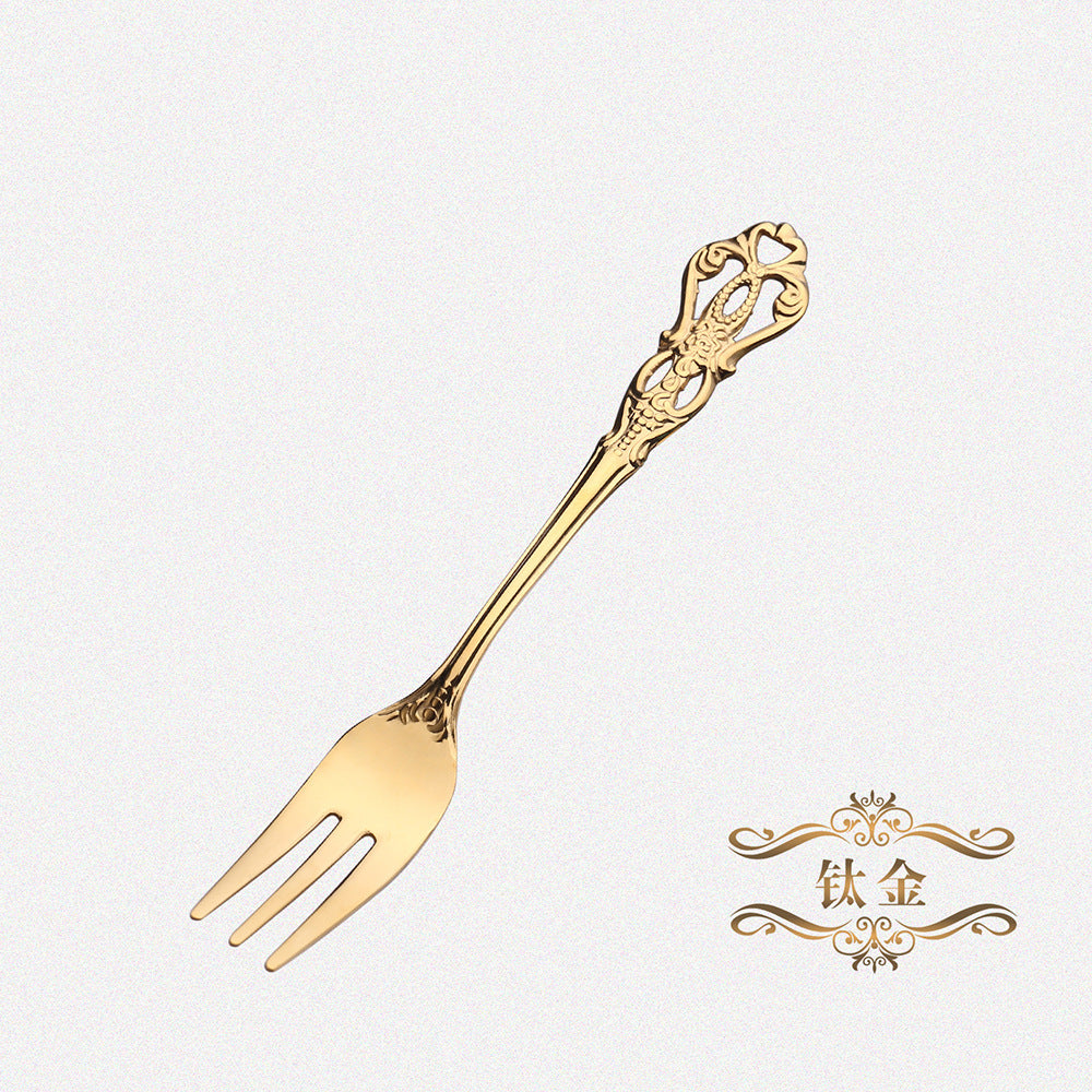 Royal Hollow Embossed Dessert Spoon Three-Tooth Fork Stirring Spoon Set European Style Carved Tableware Gift Vintage Spoon