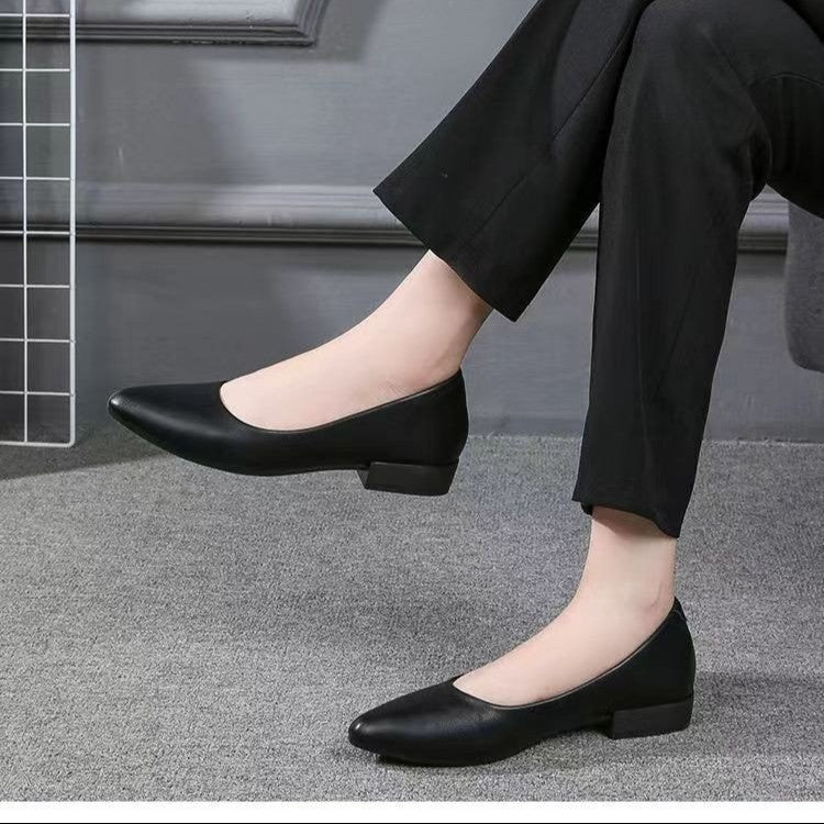 Leather pointed-toe block heel flat single shoes professional women's shoes black work shoes soft soles bank hotel office shoes new style
