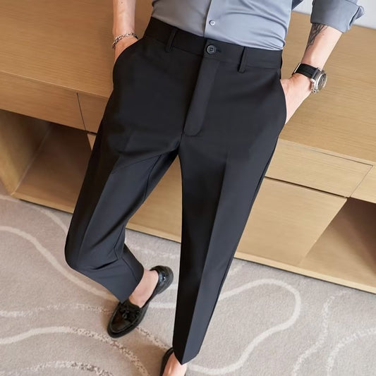 Foreign trade cut label small suit pants men's cropped slim straight slacks, ice silk men's drape black suit pants
