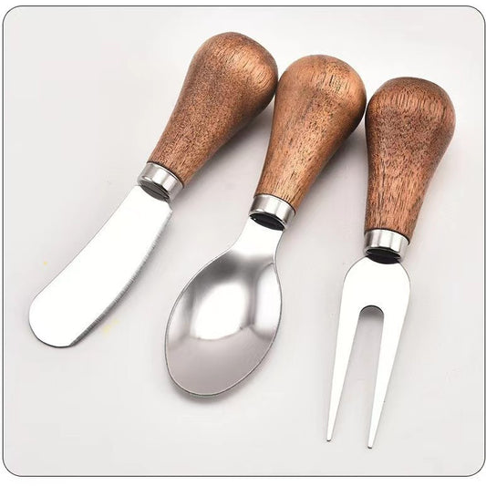 Vertical butter knife, wooden handle, cheese knife, stainless steel, cutlery, cheese spread, fork and spoon three-piece set with logo