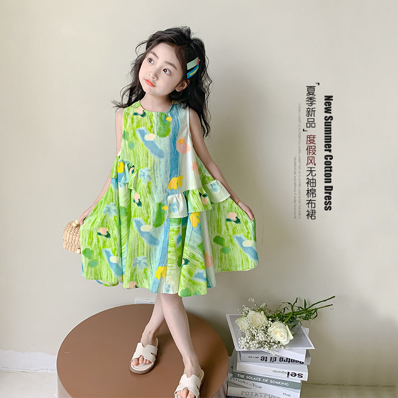 Girls Summer Dress 2025 New Style Foreign Girl Seaside Vacation Dress Summer Children's Colorful Sleeveless Skirt
