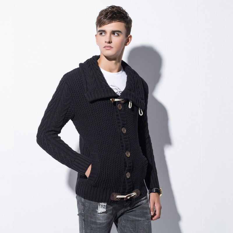 Men's sweater jackets, fashionable horn buttons, cardigans with fleece, thickened student youth sweaters, autumn and winter trends