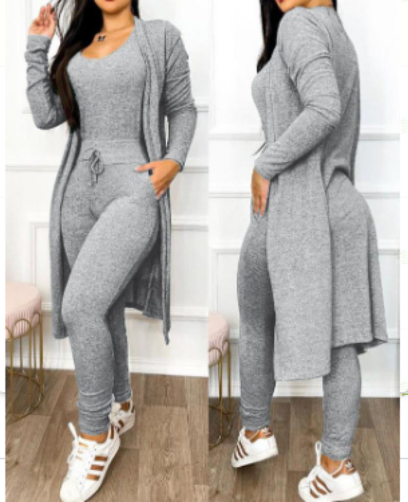 Cross-border European and American foreign trade, new autumn and winter fashion long jumpsuits, long cardigans, casual suits, long sleeves in stock