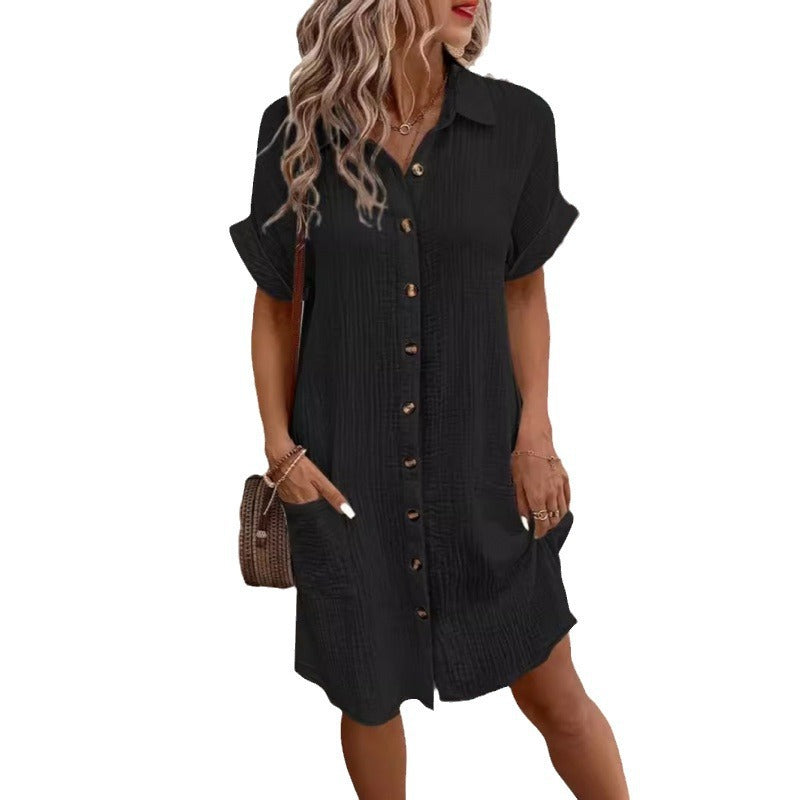 2025 AliExpress wish Amazon hot summer simple V-neck button cotton and linen dress women's shirt dress