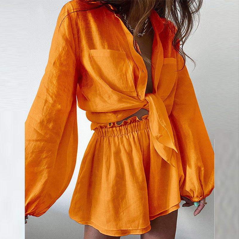 2025 amazon Europe and the United States cross-border women's casual solid color ruffle shorts shirt early spring lazy wind suit women
