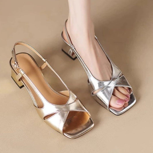 French Open Toe Block Heel Sandals Women's Summer 2025 New Rear Strap Square Toe Gold & Silver Versatile Hollow Heels