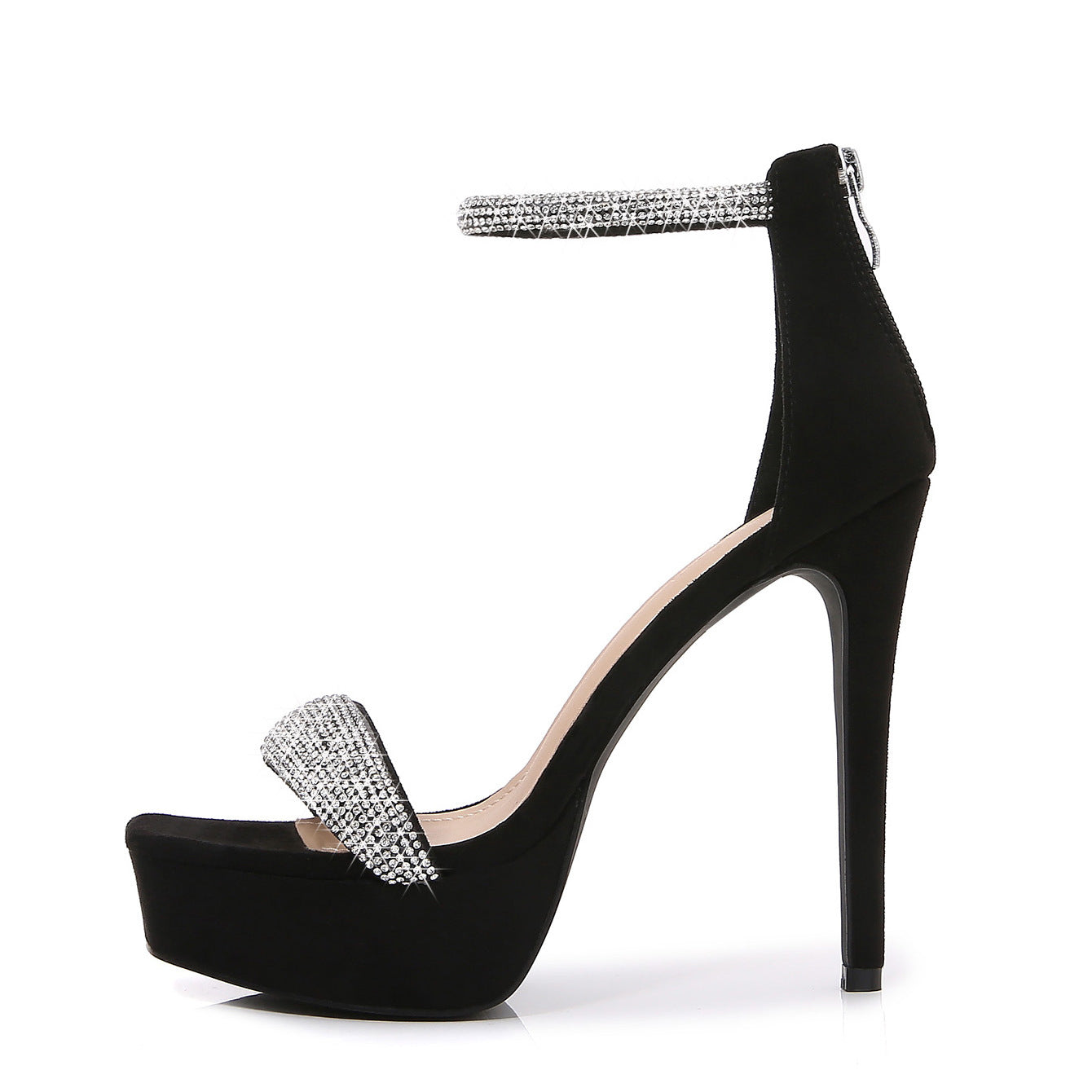 2022 new large size square toe rhinestone bag heel stiletto heel high heels women's independent station with European and American fashion sandals