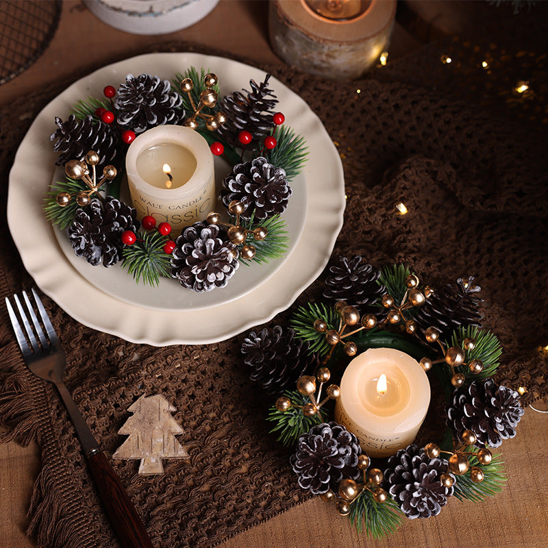 Cross border simulation pine cone red fruit candle wreath desktop home decoration Christmas table setting candle holder small garland