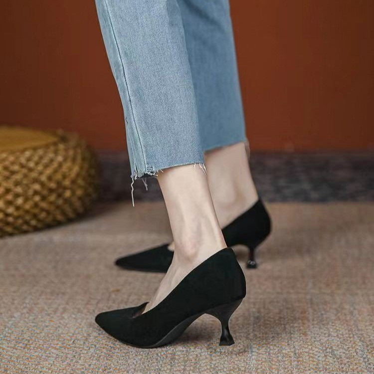 Black suede high heels, women's etiquette, professional single shoes, thin heel temperament, shallow mouth, versatile work shoes, 2025 new shoes