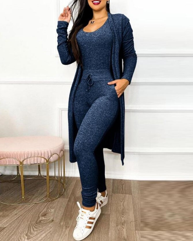 Cross-border European and American foreign trade, new autumn and winter fashion long jumpsuits, long cardigans, casual suits, long sleeves in stock