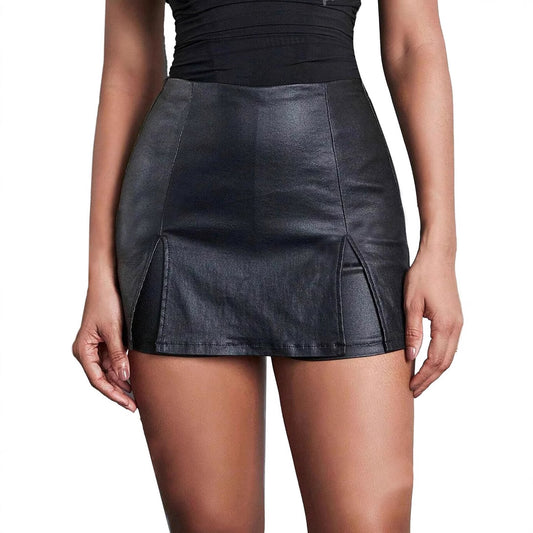 2025 spring and summer model pure desire low-waisted anti-walking PU leather bag hip pleated short skirt women's slim and thin A-line skirt