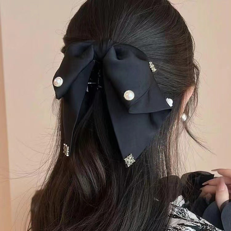 Vintage satin bow grab clip women's high-end temperament elegant low ponytail clip back of the head clip headwear hairpin
