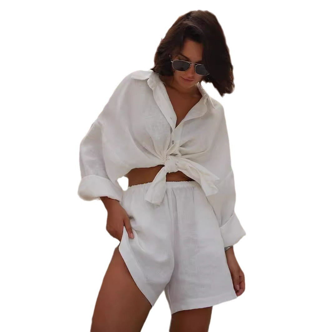 Cross-border shirt set Europe and the United States 2025 summer new women's vacation casual loose long-sleeved shirt + shorts set