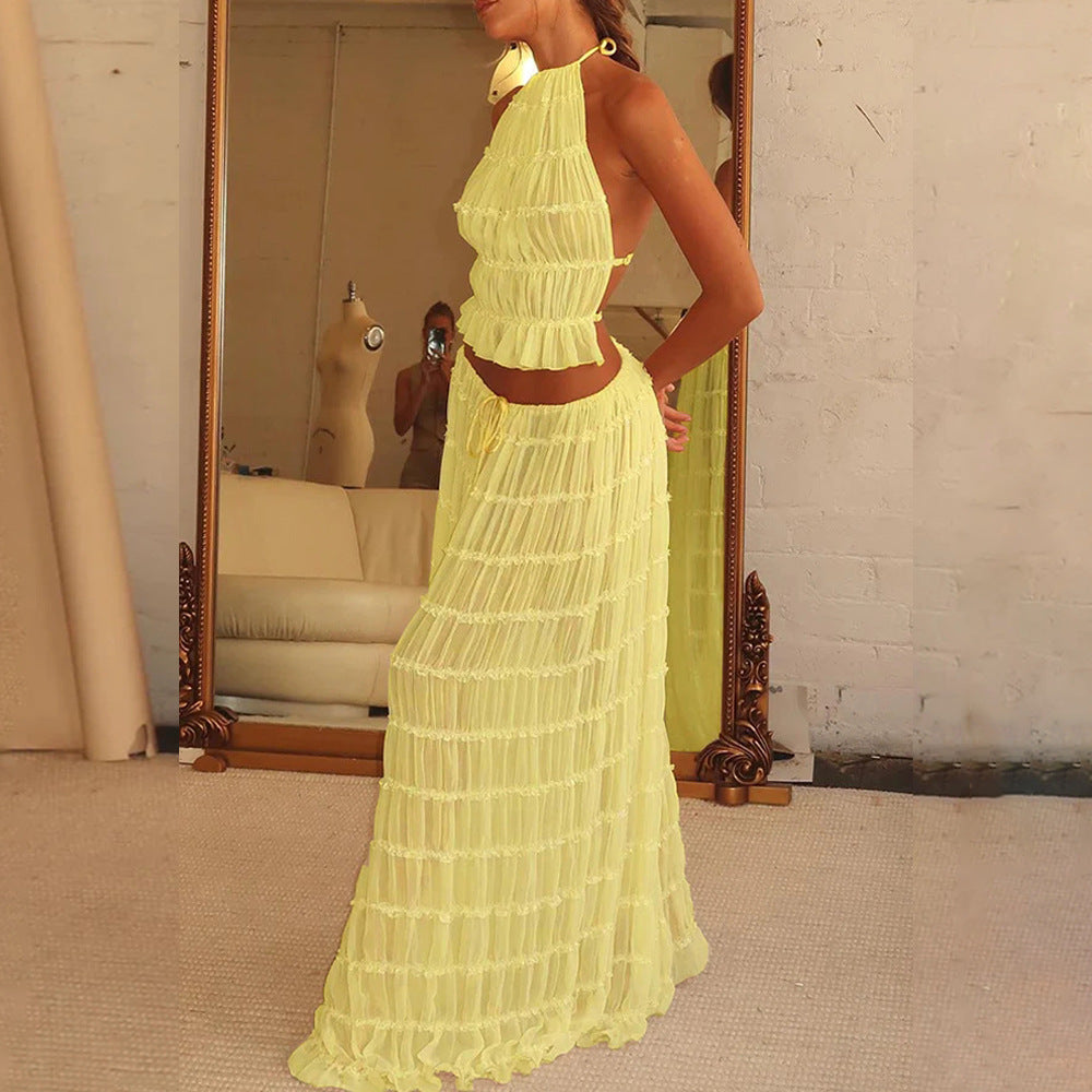 Cross border 2024 summer foreign trade sexy backless halterneck tie pleated lace vest resort style maxi skirt set