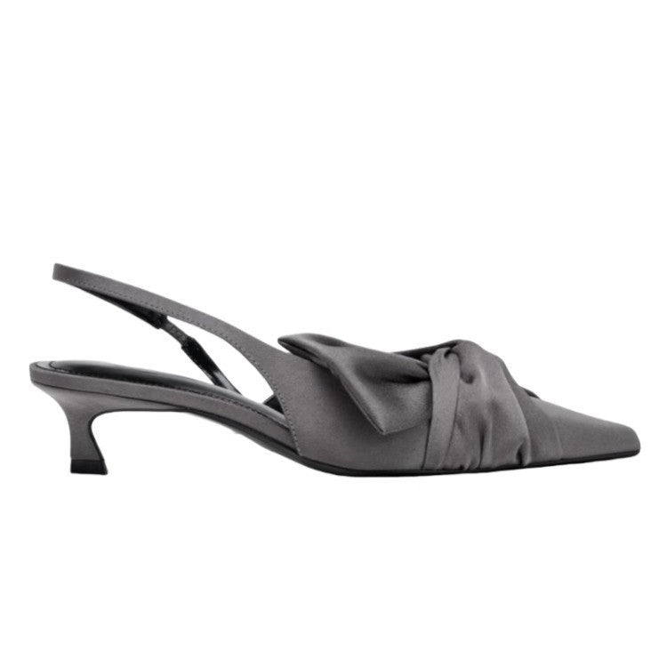 ZA2025 Spring/Summer New Gray Silk Satin Texture Knot Slingback Pointed Toe Mules Cat Heel Toe Sandals Women