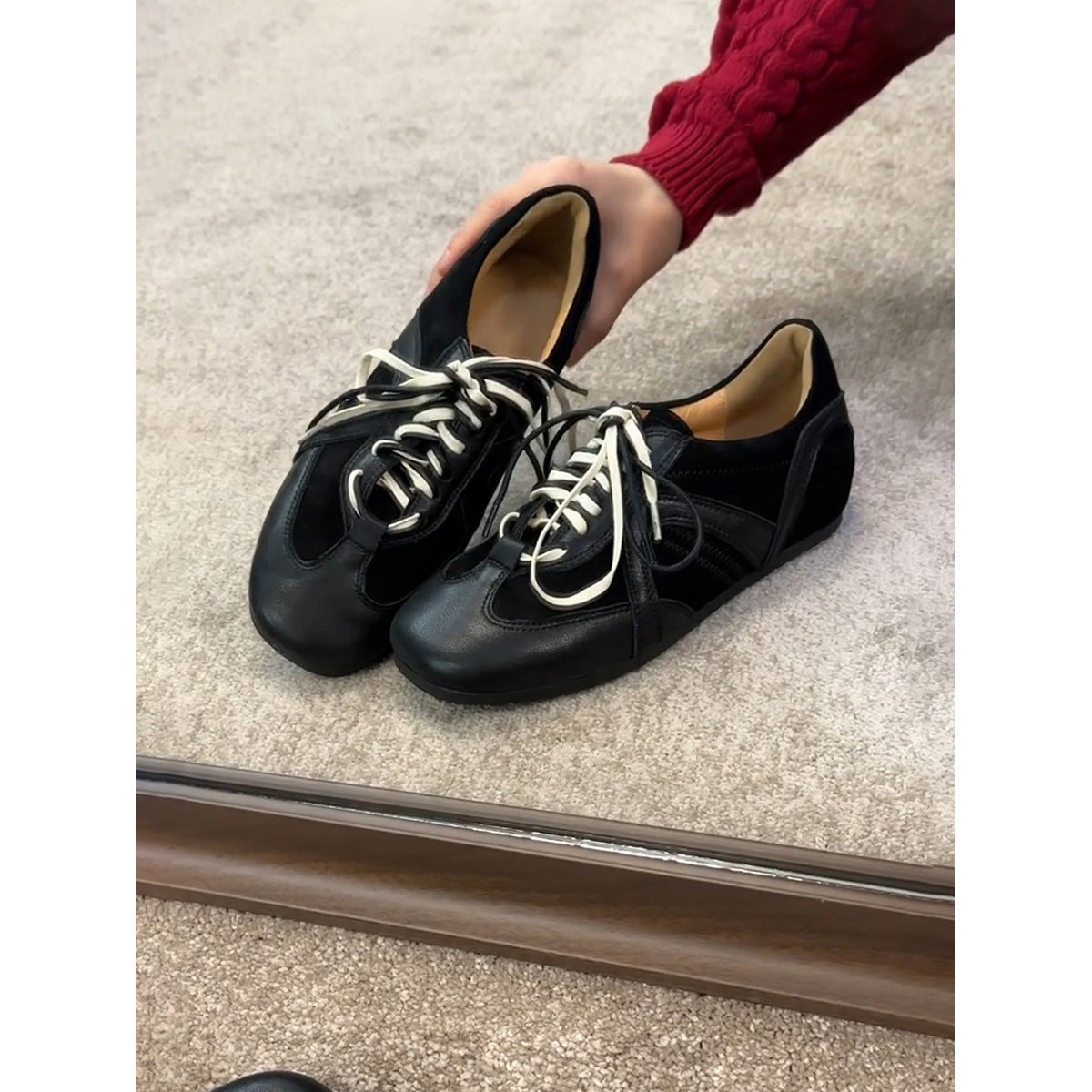 Cowhide version ~ retro black German training shoes lace-up Forrest Gump shoes women's inner height, casual board shoes, versatile sneakers