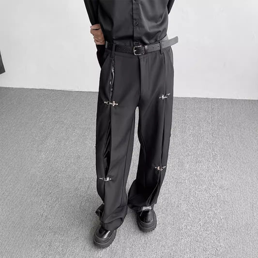 Autumn niche metal airplane buckle design sense deconstructed trousers men's Korean version PU patchwork premium sense wide-leg trousers