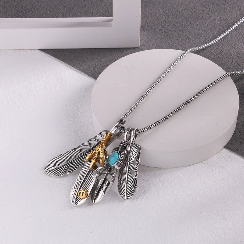 Japanese and Korean version of Takahashi feather pendant men's fashion brand necklace retro leaf long sweater chain women's pendant accessories