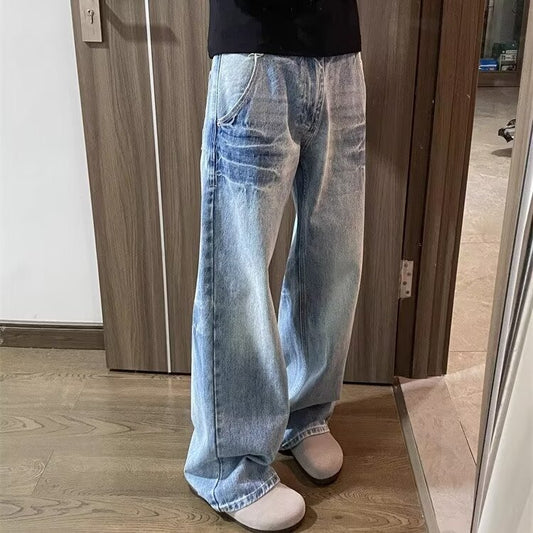 Niche crack design washed light blue jeans, men's American trend, casual and versatile, loose straight leg trousers