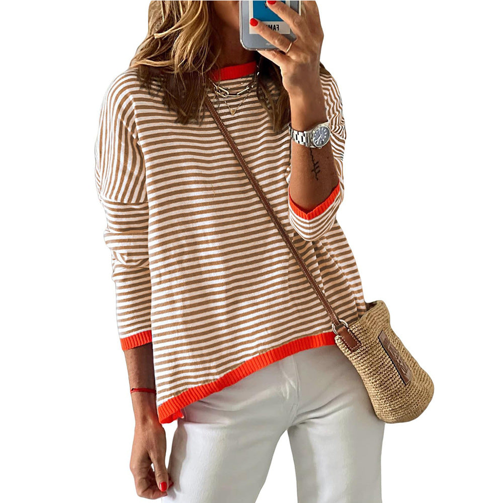 2024 autumn and winter new cross-border European and American women's Amazon women's round neck striped contrast long-sleeved casual sweater