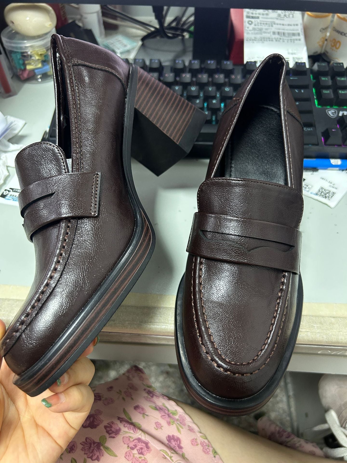 [8cm silent heel] thick heel loafers versatile commuting retro top layer soft leather high heel one foot leather shoe woman