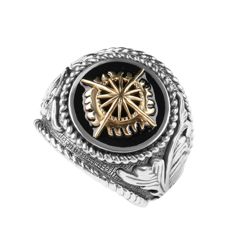 Chiba S925 Thai silver ring men's personality hip hop vintage golden glow European gourmet ring single ring Ziba