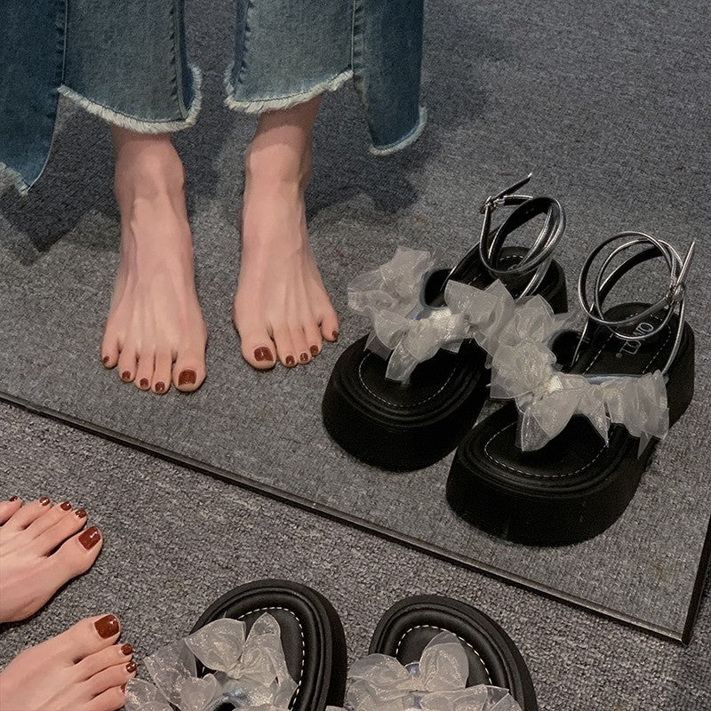 Fairy style platform sandals women's 2024 summer new wear fashion bow versatile heightened beach shoes women's tide