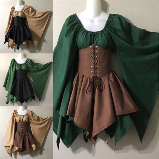 Cross-border new European and American bell sleeve long sleeve medieval Renaissance dress stitching long skirt one piece for hair