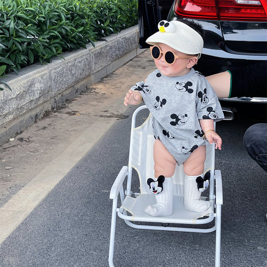 0-2 years old authentic cartoon triangle bag fart jacket male treasure tide cotton full print gray summer short-sleeved Ha shirt crawling suit