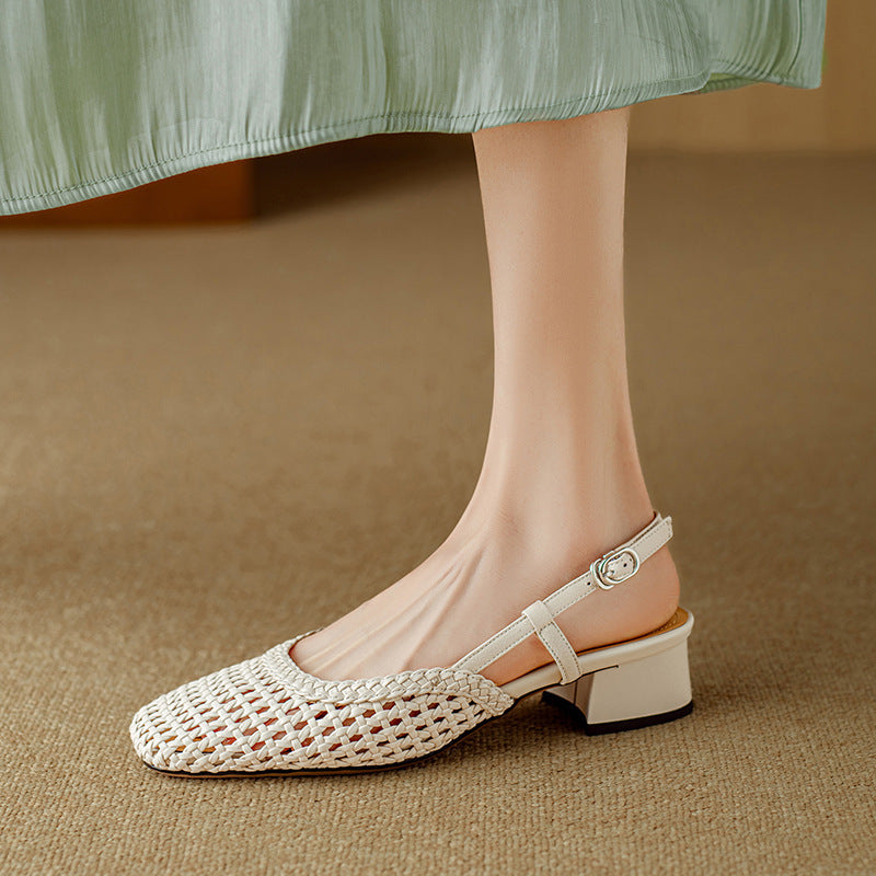 Woven Cutout Toe Sandals Women's Summer 2024 New Fashion Breathable Square Toe Medium Block Heel Hollow Women's Shoes Single Shoes