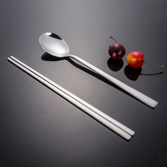 Korean Stainless Steel Spoon Chopsticks Set Thickened Barbecue Restaurant Tableware Flat Chopsticks Silver Elegant High-end Tableware