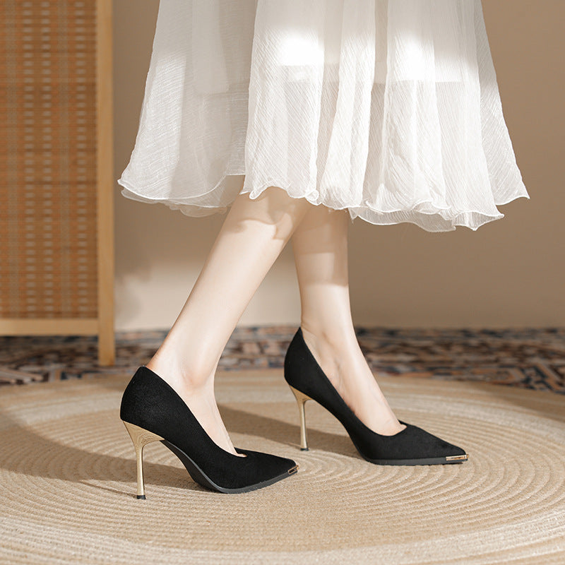 Naipai French Single Shoes Black Pointed Toe Heels Women's Stiletto Heels New Spring 2024 Professional Metal Decorations