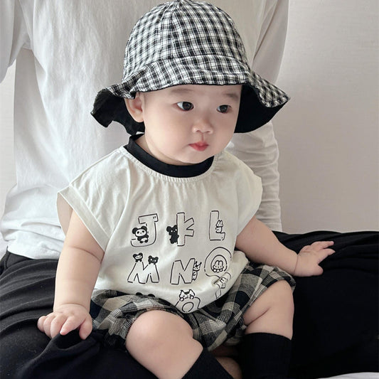 Summer T-shirt two-piece set men's treasure handsome men's and women's children's clothing alphabet plaid shorts set cotton kids short sleeves